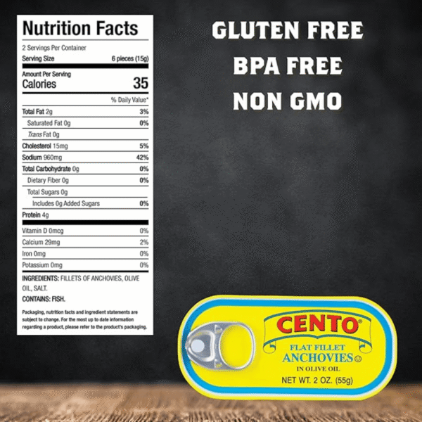 Cento Flat Fillet Anchovies in Olive Oil, 2 Oz, Firm, Skinless, Boneless, Canned Moroccan Anchovies, Easy to Open Pull Top Lid